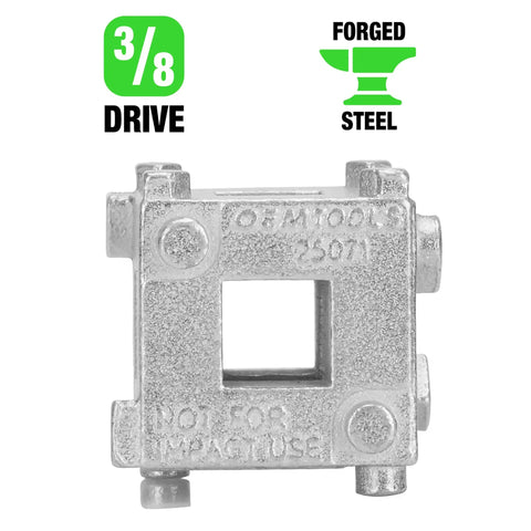 Rear Disc Brake Piston Tool And Caliper Compression Tool For Easy Brake Pad Change And Caliper Service With Three Eighths Inch Drive And Pro Grade Forged Steel Build For Most Cars And Light Trucks, showing 3/8 drive and forged steel icons, square block design.