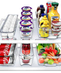 Ultimate Six Piece Fridge Organizer And Pantry Storage Bin Set Featuring Wide Narrow Containers Clear Can Caddy For Twelve Drinks Plus Egg Holder To Straight Up Declutter Your Space with yogurt, drinks and produce.