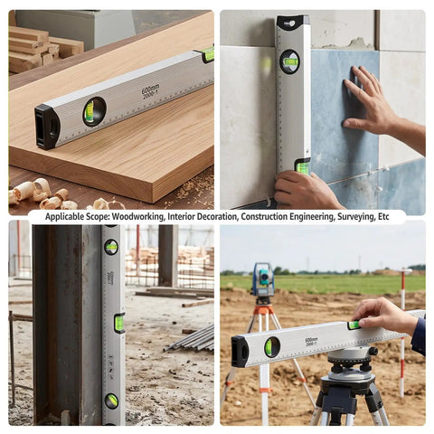 LYIYEYAN 24-Inch Magnetic Torpedo Spirit Level, Heavy Duty Ruler for Carpen shown in woodworking and construction settings.