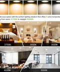 Light display of 12 Pack 5 To 6 Inch Adjustable CCT LED Recessed Lights with baffle trim showing 5 color temperatures from 2700K to 5000K