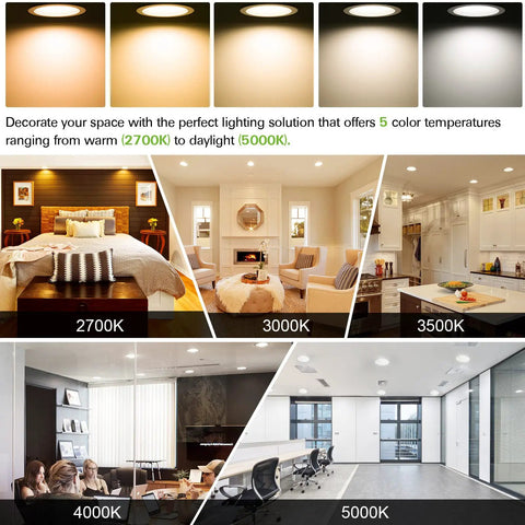 Light display of 12 Pack 5 To 6 Inch Adjustable CCT LED Recessed Lights with baffle trim showing 5 color temperatures from 2700K to 5000K