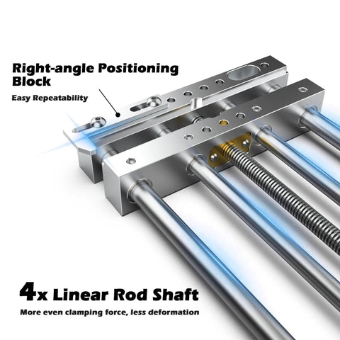 CNC Router Beefy High-Precision Aluminum Vise Bench Clamp For Milling And Machining, 150mm Wide, 186mm Clamping Range, Heavy-Duty Aluminum Construction, All-Make Compatibility, 4x linear rod shaft detail