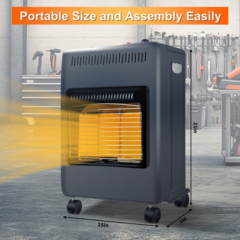 Foldable Propane Patio Heater With 18000 BTU Gas Radiant Heat For Outdoor And Indoor Use shown in garage setting