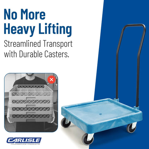 Universal Warewashing Rack Dolly With Handle For 19-3/4 Inch Dish Racks, 350 Lb Capacity, Blue - Heavy Duty Workhorse For Easy Dish Rack Transport With Built-In Drain And Four 4-Inch Swivel Casters