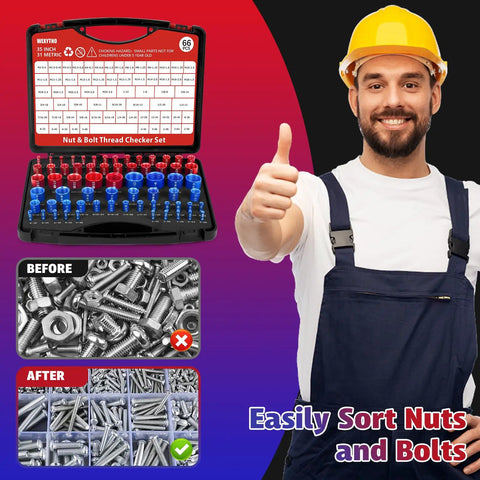 66 Piece Thread Checker Set For Nut And Bolt Size Checks In Tight Spaces With SAE And Metric Gauges DIY Friendly Includes 35 Standard And 31 Metric Sizes For Quick Easy Identification, open case with red and blue gauges