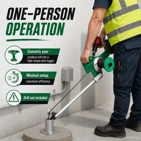 Powerful Electric Cable Puller That Turns Your Drill Into A Serious Wire Tugger for One Person Jobs in use on a conduit.