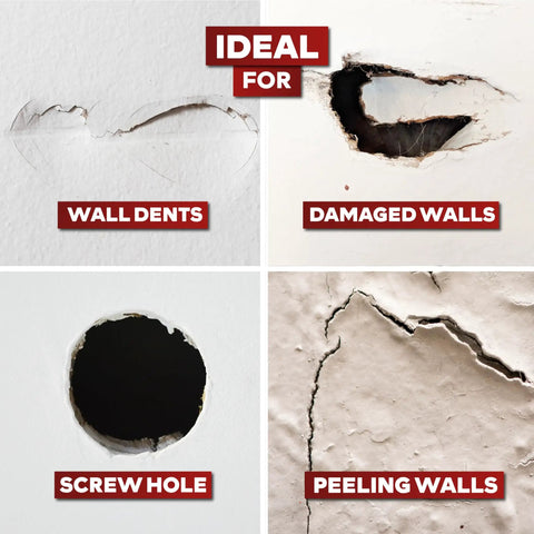 Wall and ceiling damage examples for Heavy Duty Aluminum Drywall Patch Kit 12 Pack With Fiberglass Mesh Mess Free Self Adhesive Wall And Ceiling Hole Patches 4 6 8 Inch For Sheetrock Durable DIY Fix That Sticks And Lasts. Includes wall dents, damaged walls, screw holes, peeling walls.