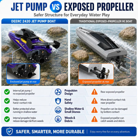 Comparison of DEERC 2420 Jet Pump Boat with internal jet pump vs traditional exposed-propeller RC boat in water navigation.