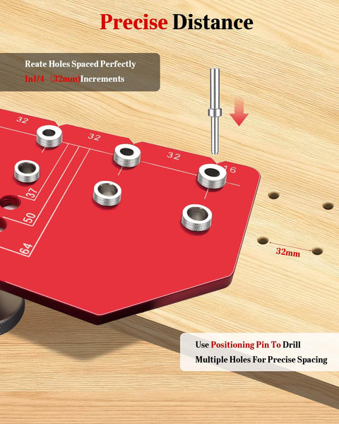 11 Hole Shelf Pin Jig For Cabinets And Wardrobes, Adjustable Shelf Hole Jig With One Quarter Inch And Five Mm Drill Bits, close-up view