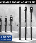 Six Piece Socket Adapter Extension Set With Quarter Inch Hex Shank For Quarter Inch, Three Eighths Inch, And Half Inch Drive Sockets