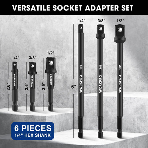 Six Piece Socket Adapter Extension Set With Quarter Inch Hex Shank For Quarter Inch, Three Eighths Inch, And Half Inch Drive Sockets