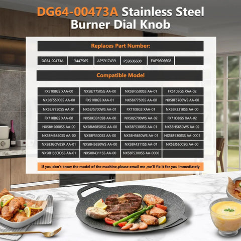Burner Control Dial Knob Replacement For Gas Range Stove 5 Pack display with compatible models and part numbers chart