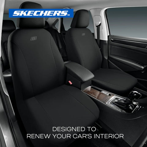 Premium Breathable Polyester Front Seat Covers For Most Cars Vans Trucks And SUVs Airbag Compatible Cushioned Comfort Black Easy Fit Two Front Seat Covers Set Keep Your Ride Fresh in a vehicle's interior.