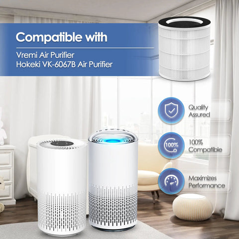 Replacement Filter 2-Pack For Vremi And Hokeki Air Purifiers with compatible air purifier models in large room setting.