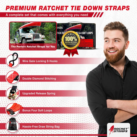 Beefy 4 Pack Ratchet Tie Down Straps With 1 Inch By 17 Feet Length, 2,200 Pound Break Strength, Safety Lock S Hooks, Ergonomic Handle