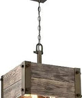 Winchester 4-Light Square Pendant in Bronze and Aged Wood Finish, showcasing an industrial vibe with warm wood accents