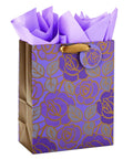 Large Purple Floral Gift Bag With Gold Foil Accents, Satin Ribbon Handles, And Purple Tissue Paper, 13 Inch Tall, For Birthdays