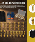 Door Hinge Repair Kit With 6x14mm Expansion Screws And High-Grip Wood Anchors, gloves, and storage bag on display