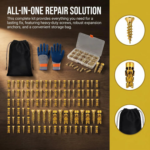 Door Hinge Repair Kit With 6x14mm Expansion Screws And High-Grip Wood Anchors, gloves, and storage bag on display