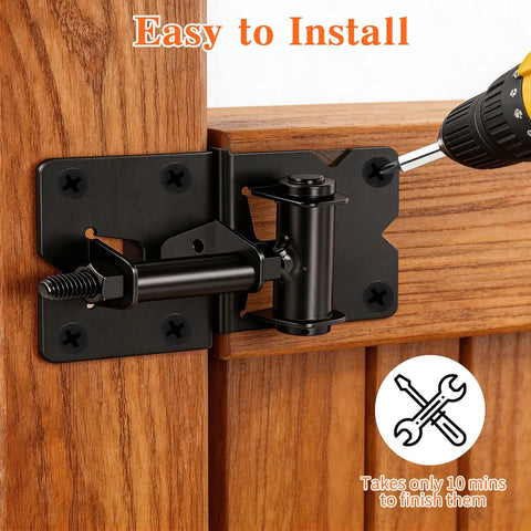 Self Closing Gate Hinge And Latch Kit For Vinyl And Wood Fence Gates Kid Safe Heavy Duty Gate Hardware With Self Locking Latch Adjustable Hinges And Included Screws 2 Latches And 4 Hinges Easy Installation installed on wooden fence gate