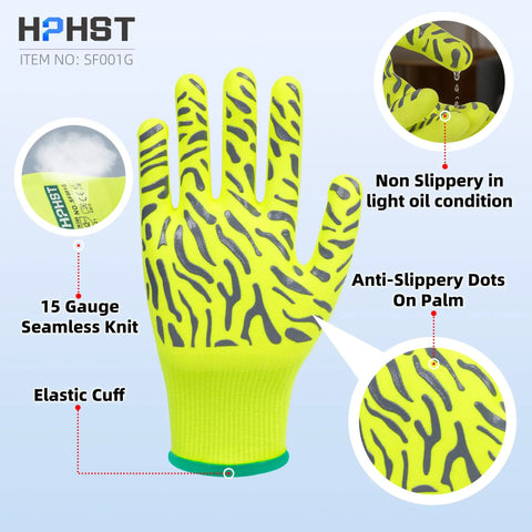 Heavy Duty Micro Foam Nitrile Work Gloves With Hella Breathable 15 Gauge Nylon Shell And Killer Tiger Stripe Grip For Auto Repair And Precision Mechanical Assembly Tasks Pack Of Three X Large showing anti-slip palm and elastic cuff.
