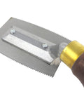 Smooth As Butter Veneer Saw Featuring A Razor Sharp 15 TPI Dual Sided Blade For Dead On Inlay Work And Easy Center Cuts, Chunky Walnut Handle, Absolute Shop Staple - close-up of the saw blade and handle.