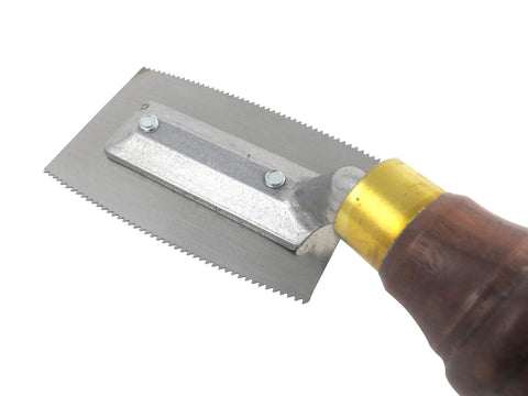 Smooth As Butter Veneer Saw Featuring A Razor Sharp 15 TPI Dual Sided Blade For Dead On Inlay Work And Easy Center Cuts, Chunky Walnut Handle, Absolute Shop Staple - close-up of the saw blade and handle.