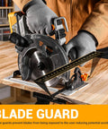Heavy Duty 20 Volt Cordless Circular Saw Featuring Brushless Motor And 185 Mm Blade 4500 Rpm Speed Built In LED Light includes a blade guard.