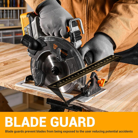 Heavy Duty 20 Volt Cordless Circular Saw Featuring Brushless Motor And 185 Mm Blade 4500 Rpm Speed Built In LED Light includes a blade guard.
