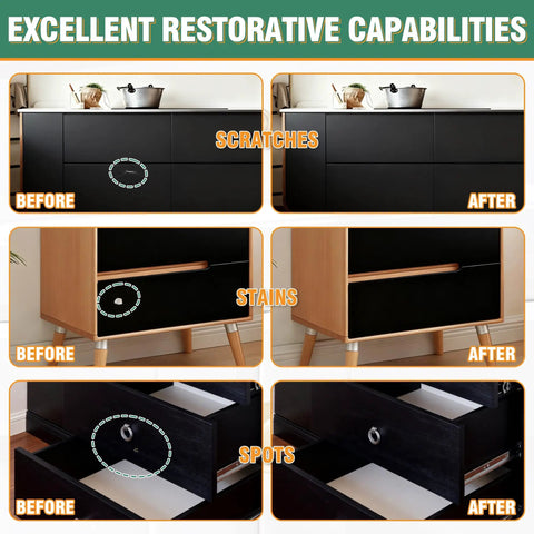 Comparison of furniture before and after using Black Touch Up Paint Pen For Multi Surface Repairs Odorless 1.69 Fl Oz Semi Gloss Finish