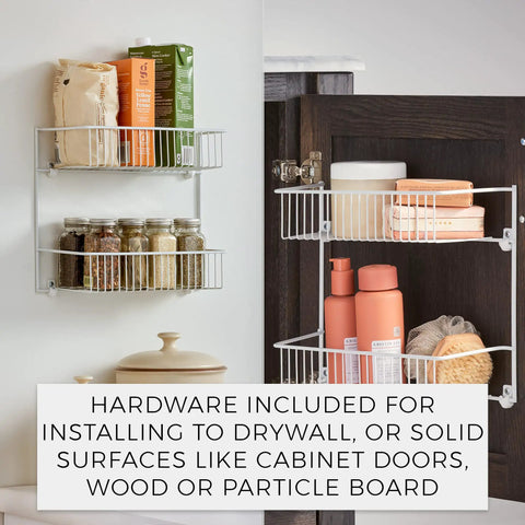 Slick Two Tier Wall Rack For Cabinet Doors And Walls, Heavy Duty Epoxy Coated Steel Storage Shelf In Crisp White, No Sweat Install Hardware Included, Total Game Changer For Tight Kitchen And Closet Spaces