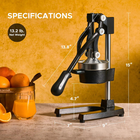 Cast Iron Manual Citrus Juicer Heavy Duty Orange Press Professional Bar Quality Hand Squeezer with measurements 13.8" height