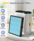 Replacement Air Purifier Filter For MK04 Models displayed with MG-04JH purifier and features list, 3-in-1 filtration system shown.
