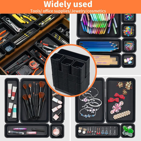 Image of 45 Pack Tool Box Organizer Trays And Dividers For Drawer And Toolbox Garage Storage Set displaying various uses for tools, office supplies, and cosmetics.