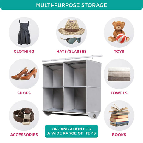 Multi-purpose storage with Two In One Hanging Closet Organizer With Built In Garment Rod And Four Spacious Shelves for clothes.