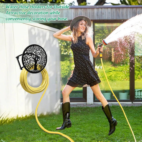 Heavy Duty Outdoor Garden Hose Reel and Wall Mount Holder With Tree of Life Metal Design in garden setting
