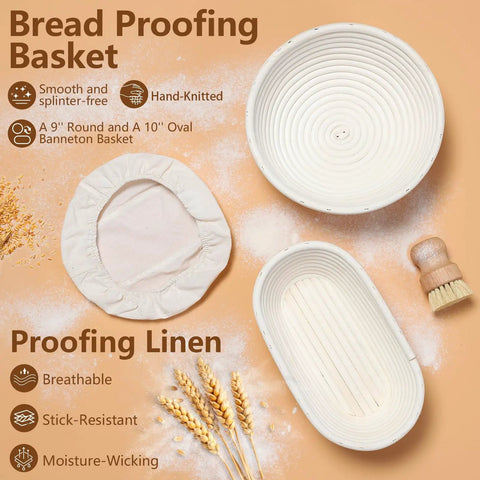 All In One Sourdough Starter Kit With Banneton Baskets Starter Jar Lame With Four Blades Thermometer Strip Feeding Tracker Dope Gift For Bakers Women Moms featuring round and oval banneton baskets with linen cover and dough scraper.