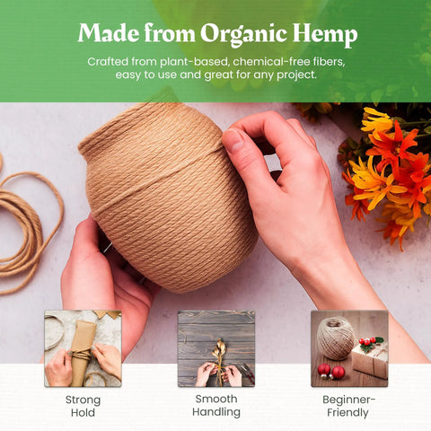 Hands holding a roll of Do It All Hemp Twine 1mm 430 Ft 20 Lb Strength 12 Pack For Macrame, with flowers in background