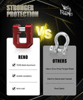 Comparison between red 7075 aluminum D-ring shackle and gray forged steel shackle with features highlighted.