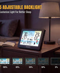 All-In-One Weather Station Wireless Indoor And Outdoor With 7.5 Inch Large Color Display on a bedside table showing temperature and humidity.