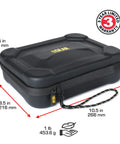 Black XL Dart Case With Locking Foam For On The Go Transport, semi hard shell, dimensions and warranty shown.