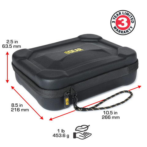 Black XL Dart Case With Locking Foam For On The Go Transport, semi hard shell, dimensions and warranty shown.