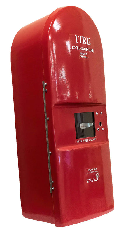Large Fire Extinguisher Cabinet Fits 20 Pound Extinguisher With Badass Fiberglass Body Solid Breakglass T Handle Wall Mount Install Durable Red Finish Emergency equipment in red fiberglass casing.