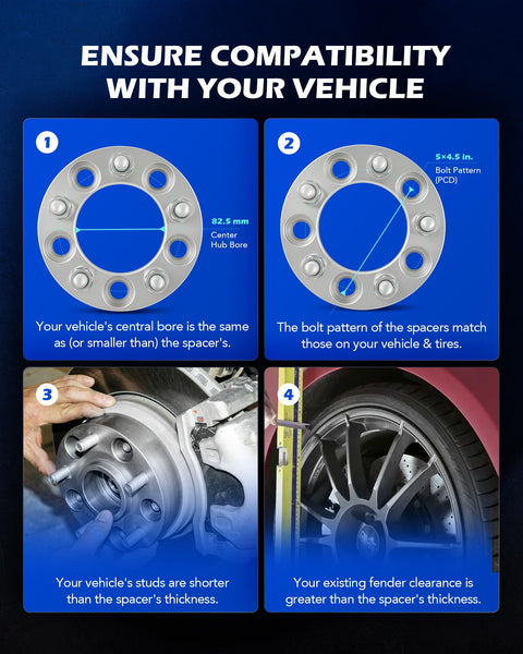 Compatibility guide with 5x4.5 Wheel Spacers Kit With 1 Inch Spacers And 1/2-20 Studs 82.5mm Center Bore Set Of 2 for vehicle fitment.