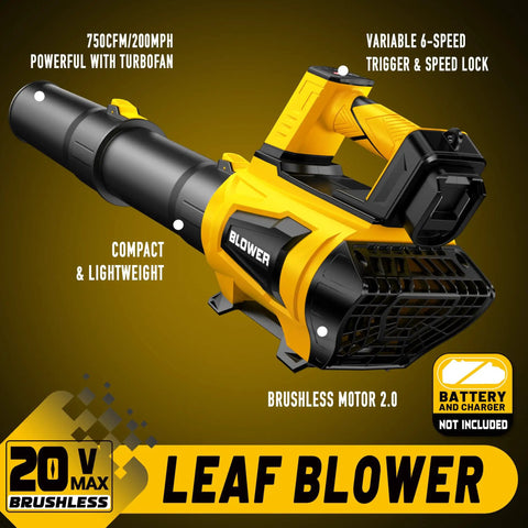 Beast Cordless Leaf Blower Tool Only, 6 Speed Brushless Turbofan, 250 MPH Top Air, 750 CFM, Battery Not Included, Compatible With Dewalt 20V