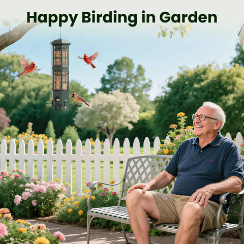 Backyard Ready Squirrel Proof Bird Feeder With 3 Port Design Gravity Spring And Metal Build attracting birds in a garden