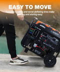 Man moving 10500 Watt Tri Fuel Open Frame Inverter Generator with ATS Quiet Technology and wheels
