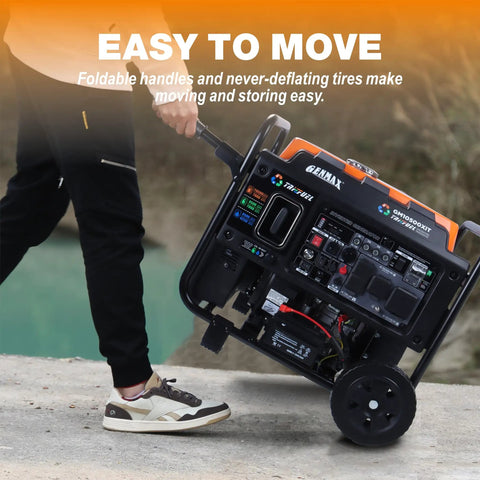 Man moving 10500 Watt Tri Fuel Open Frame Inverter Generator with ATS Quiet Technology and wheels