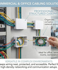 Wall-mounted 5 pack surface mount outlet boxes managing network cables in office setting, showcasing durable PVC weatherproof installation.