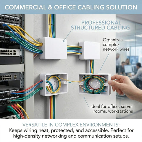 Wall-mounted 5 pack surface mount outlet boxes managing network cables in office setting, showcasing durable PVC weatherproof installation.